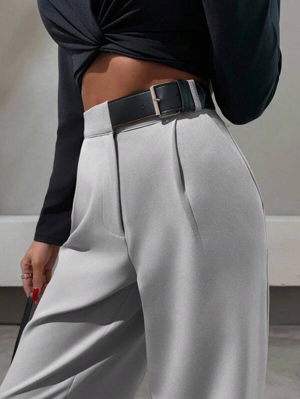 Elegant Style, Half Faux Leather Belt Detailed Straight Fit Pant