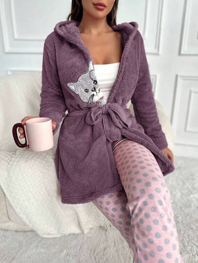 EURMUSE Cat Embroidery Hooded Belted Teddy Robe