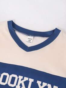 2pcs/Set Tween Boy Vintage American Style Contrast Color Block Numeral Print T-Shirt And Shorts Set - Royal Blue - View 6