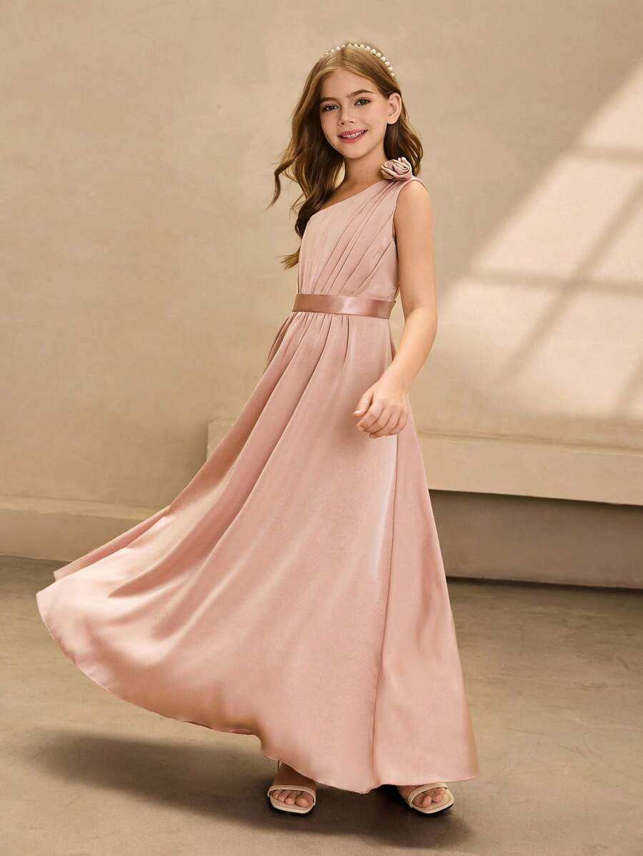 Robe une épaule en satin à fleurs surélevée pour demoiselle d'honneur, remise des diplômes, bal, anniversaire, événement spécial