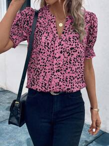 EMERY ROSE Leopard Print Notched Collar Casual Short Sleeve Shirt, Versatile For Summer - Hot Pink - View 5