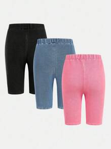 Tween Girl 3-Piece Washed Denim Bike Shorts Set, 3 Colors, Comfortable Stretchy Knitted Denim Cotton Fabric, Elastic Waistband, Front Ripped Design Details, Denim Casual Street Style, School, Outdoor, Sports Essential Versatile Denim Piece - Multicolor - View 3