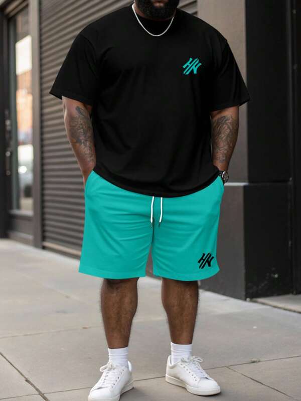 Manfinity Homme Plus Size Men Letter Print Round Neck Short Sleeve Casual T-Shirt And Drawstring Waist Shorts Set