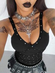 Coolane 女式夏季狂欢复古朋克节街头服饰 Y2K Grunge Gyaru 铆钉带状纹理装饰黑色吊带背心 - 黑色 - 查看 3