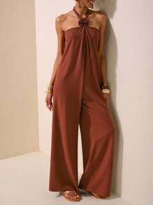 Zivah 2025年夏季新品，音乐节，毕业季，学院风，学生日常穿搭，百搭百搭，休闲，度假，海滩，日光浴，街头风，酒红色/棕色吊带绑带纹理面料露背连体裤 - 紅木色 - 查看 4