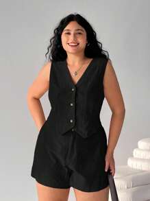 Solflare 2pcs/Set Plus Size Solid Color Sleeveless Vest And Shorts - Black - View 4