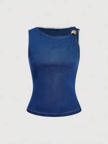 SHEIN MOD Top de mezclilla para mujer de verano casual de calle con decoración de hebilla metálica, cuello asimétrico y ajuste ceñido - Azul - Ver 5