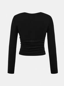 SHEIN Girlism Tween Girls Black Ruched Design T-Shirt With Hair Scrunchie, Casual Daily Fashionable Versatile Black Long Sleeve Crop Top Fitted Long Sleeve Crop Top Black Crop Top Long Sleeve Crop Top Cute Black Crop Top Fall Winter - Black - View 2