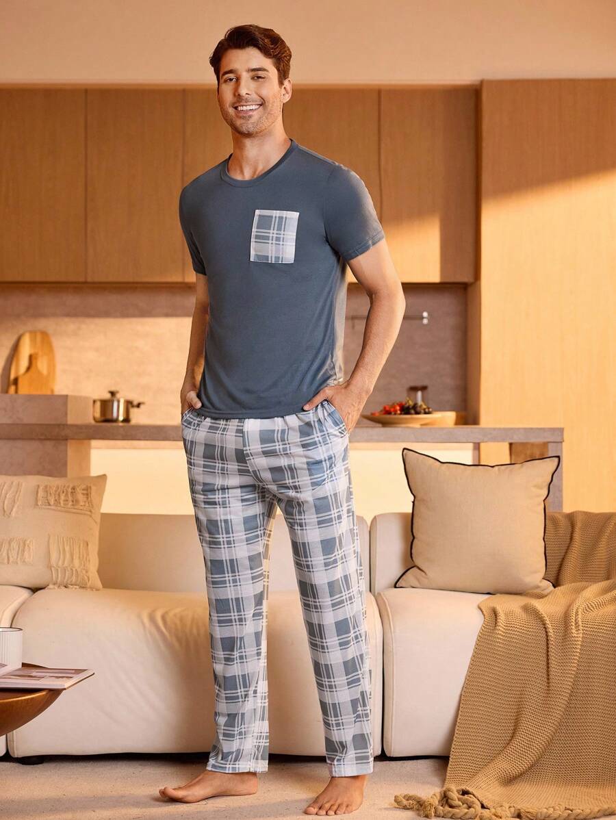 Manfinity Underwear&Sleepwear Basics Men's Plaid Short Sleeve And Long Pants Pajama Set - Dusty Blue - View 1