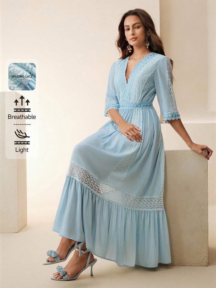 Elegant Deep V-Neck Embroidered Lace Panel Maxi Dress