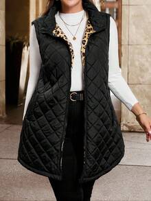 SHEIN Clasi 大码女式豹纹印花衬里口袋拉链前襟背心外套，适合秋冬季穿着 - 黑色 - 查看 7