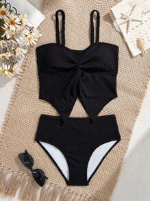 Tween Girls Coastal Beach Pool Casual Holiday Summer Cami Tankinis And Triangle Bottoms Swimsuit Set Textured Swimsuit - Black - View 1