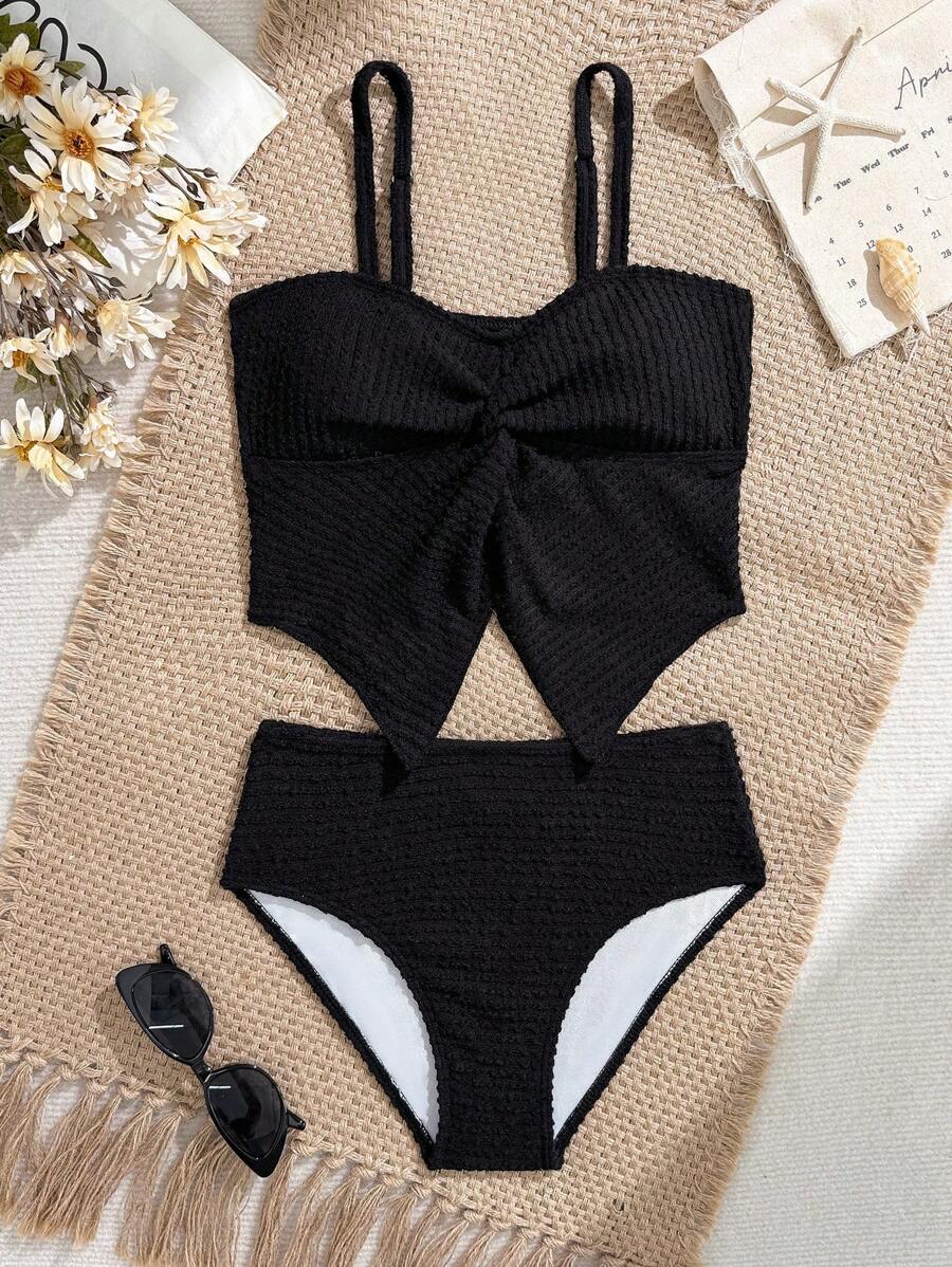 Tween Girls Coastal Beach Pool Casual Holiday Summer Cami Tankinis And Triangle Bottoms Swimsuit Set Textured Swimsuit - Black - View 1