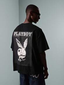 PLAYBOY X SUMWON 复古杂志封面印花超大T恤收藏版街头时尚图形设计男女通用宽松休闲上衣 - 黑色 - 查看 2