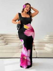 Solflare 方领无袖花卉印花大码连衣裙