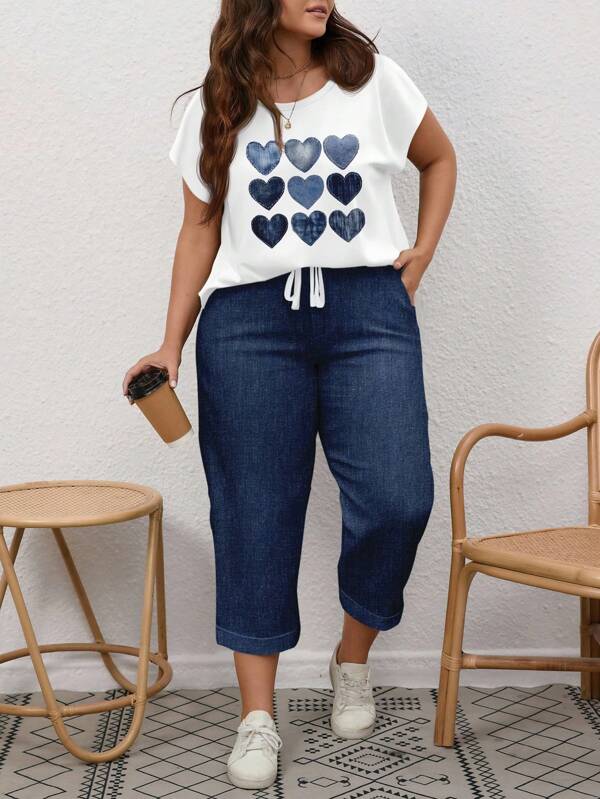 EMERY ROSE 2pcs/Set Plus Size Women Faux Denim Texture Heart Print Short Sleeve Top And Pants Casual Outfit