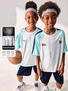 Back To School Outdoor Sports Loose Fit Short Sleeve Shorts Jersey Set, Tween Boy Clothes Children's Round Neck Patchwork Contrast Color Front Funny Letter Print Outdoor Sports Loose Fit Short Sleeve T-Shirt Jersey Set