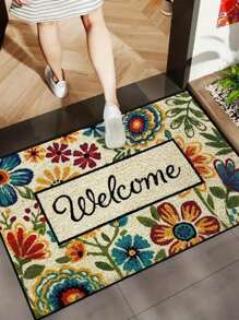 SHEIN (19.68*31.49in/15.74*23.62in) Floral Pattern Welcome Doormat - Non-Slip, Waterproof & Machine Washable Polyester Rug For High Traffic Areas, Indoor/Outdoor Decor - Perfect New Year Celebrations