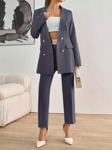 EURMUSE Completo casual da donna: giacca doppiopetto a manica lunga con collo a risvolto in colore unito e pantaloni - Grigio Scuro - Visualizzare 6