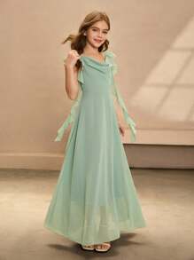 优雅花童裙，薄荷绿雪纺无袖细肩带领口长裙，时尚大摆公主裙，适合婚礼和正式场合