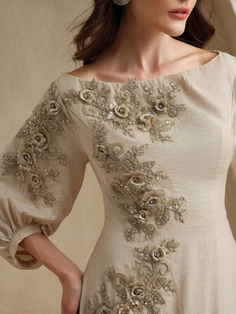 Anewsta Kadınlar İçin Omuzları Açık İşlemeli Keten Elbise