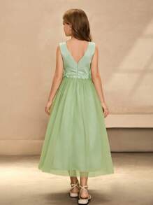 女孩高贵绿色圆领无袖3D花卉薄纱连衣裙，适合派对、宴会、度假、晚会、婚礼、花童表演、生日等场合 - 綠色 - 查看 2