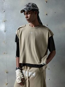 NEON BLANC 男士时尚字母印花无袖针织圆领T恤，适合夏季 - 卡其色 - 查看 2