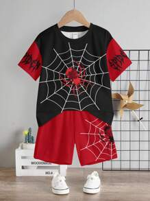 SHEIN 2 件套男童休闲简约卡通蜘蛛印花圆领短袖上衣和短裤套装，适合夏季 - 彩色 - 查看 3