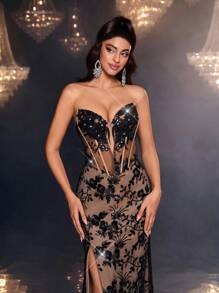 Glamrae Váy Maxi đuôi cá xẻ tà cổ chữ V hở vai thanh lịch, sang trọng, gợi cảm có đuôi váy, thích hợp cho đám cưới, tiệc tùng, kỳ nghỉ, dạ hội, tốt nghiệp, những dịp trang trọng (thêu dày) - màu đen - Xem 5