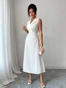 Chiquease Váy trơn cổ không tay thanh lịch, màu trơn, Xuân/Hè - Màu be - Xem 4