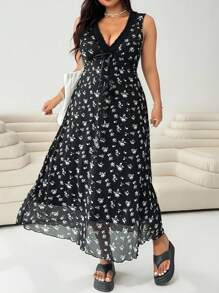 Solflare 大码女式夏季假日黑色网眼碎花印花 V 领蝴蝶结连衣裙 - 黑與白 - 查看 6