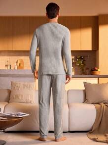 Men Half Button Ribbed Knit Tee & Trousers PJ Set - Grey - View 2