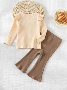 Cozy Pixies 2pcs Baby Girl Heart Pattern Knitted Soft Round Neck Ruffle Trim Long Sleeve Pullover Top And Elastic Waist Flared Pants Set Baby Girl Bell Bottom Outfit Beige Baby Girl Clothes Brown Baby Girl Outfit Baby Girl Clothes Baby Girl Fall Outfit Mocha Baby Clothes Baby Girl Ribbed Outfit Baby Girl Two Piece Outfit Baby Bell Bottom Outfit Winter - Multicolor - View 2