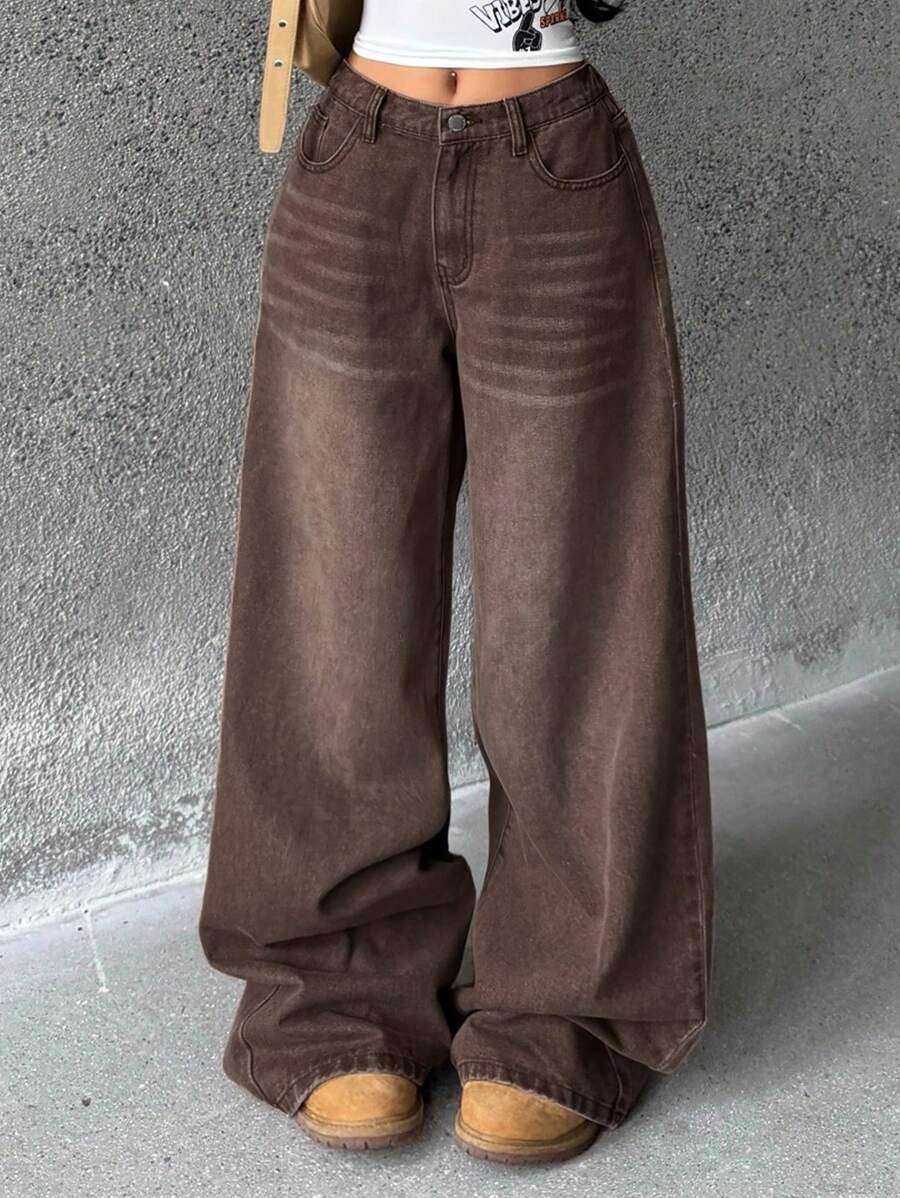 Coolane 少女休闲宽松水洗阔腿牛仔裤 - 棕色 - 查看 1