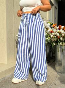 SHEIN EZwear Pantalones casuales de pierna ancha a rayas azules y blancas de talla grande