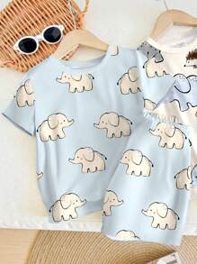 SHEIN 2 件套大象、狐狸素描印花透气柔软舒适睡衣男童家居服宽松休闲套装，适合夏季 - 彩色 - 查看 5