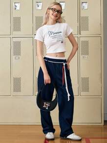 LOONEY TUNES X SHEIN 女士时尚个性化街头风格酷炫学院风黑色卡通字母图案单肩包 - 黑色 - 查看 10