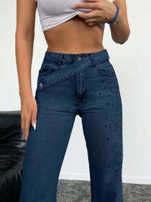 EURMUSE Women's Casual Distressed Rhinestone Straight-Leg Jeans - Teal Blue - View 4