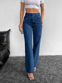 EURMUSE Women's Casual Washed Rhinestone Straight Leg Jeans - Dusty Blue - View 3