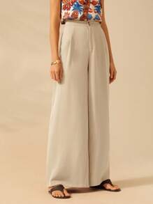 CAJUNI Women's Extra Loose Straight Leg Orange Brown Pants, Casual Holiday Beach Summer Trousers - Apricot - View 3