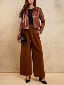 COSMINA Áo khoác da PU cổ bẻ cài nút phía trước giản dị cổ điển cho nữ - Màu Khaki - Xem 1