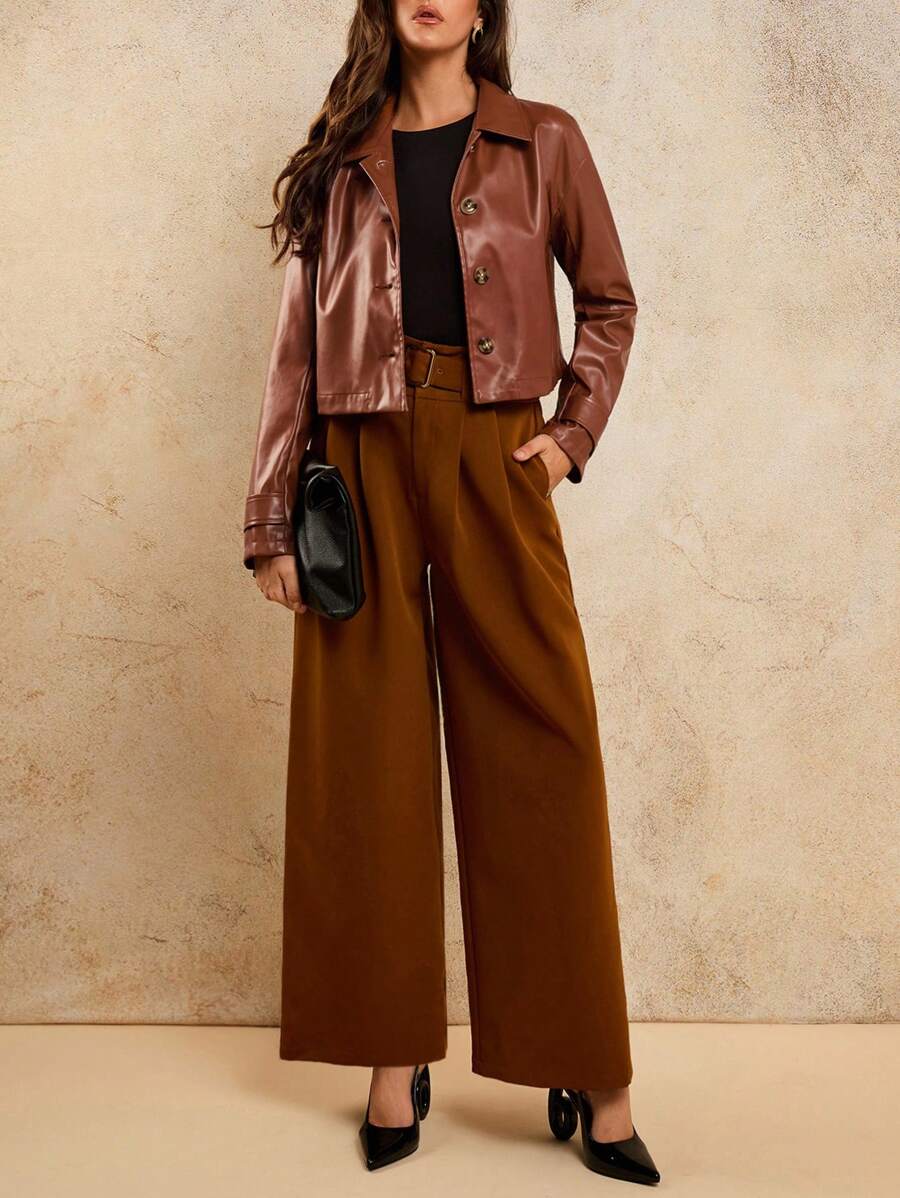 COSMINA Áo khoác da PU cổ bẻ cài nút phía trước giản dị cổ điển cho nữ - Màu Khaki - Xem 1