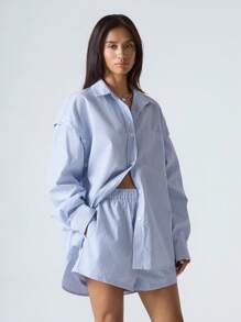 LYSMO 2件套女士休闲通勤条纹衬衫和短裤 - 藍色 - 查看 4