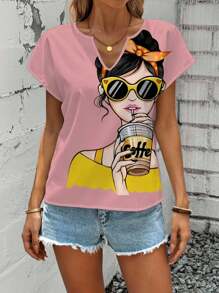 EMERY ROSE 粉色休闲简约度假风女孩印花女式衬衫，适合夏季