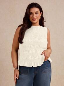 Elaquor Plus Size Women Solid Color Ruffle Hem Casual Tank Top,Going Out Tops,Holiday Spring To Summer - Beige - View 8