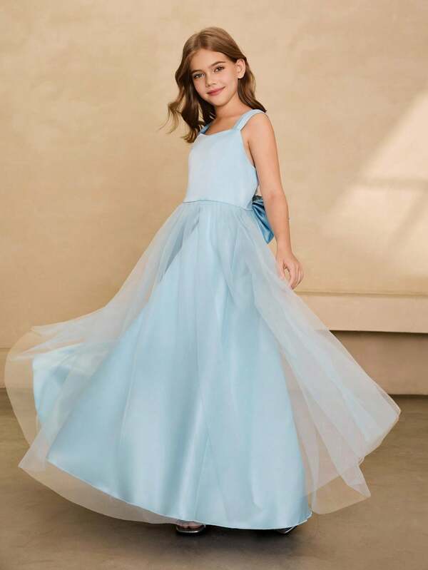 Flower Girl Long Satin & Mesh Dress, High-End Suspender Style Dress With Flared Skirt, Suitable For Weddings, Parties, Performances, Birthdays