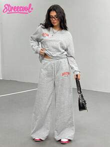 1 件宽松少女字母印花长袖运动衫和运动裤休闲套装，美式风格 - 灰色 - 查看 4