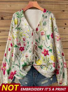 SHEIN Clasi 大码女式3D立体花朵图案前系带蝴蝶结长袖宽松针织开衫，秋冬款 - 杏色 - 查看 2