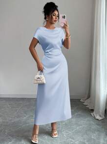 Rafferiza 女士优雅休闲/商务低胸短袖波西米亚风连衣裙 - 淺藍色 - 查看 4