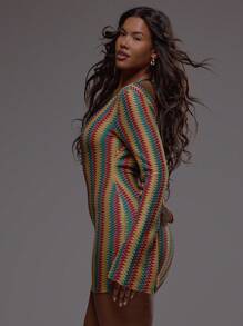 MUSERA 喇叭袖装饰条纹钩针迷你连衣裙波西米亚风节日假日沙滩装夏季度假可爱优雅伊比沙岛约会之夜、夜间外出、生日